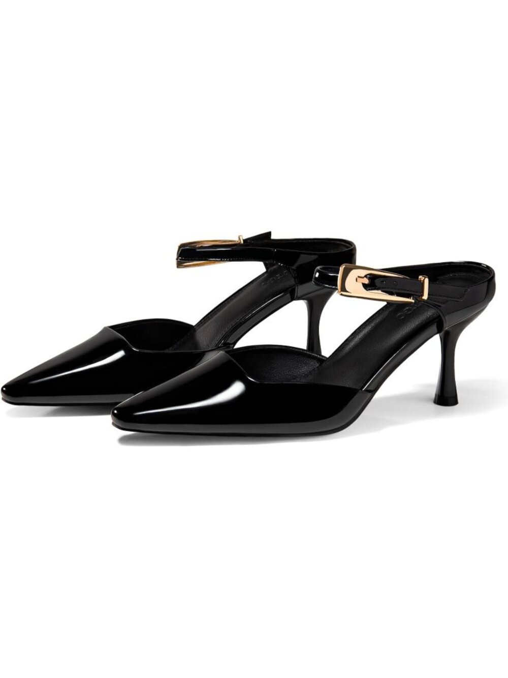 Women's Black Faux Leather Closed Pointed Toe Ankle Buckle Strap Kitten Heels